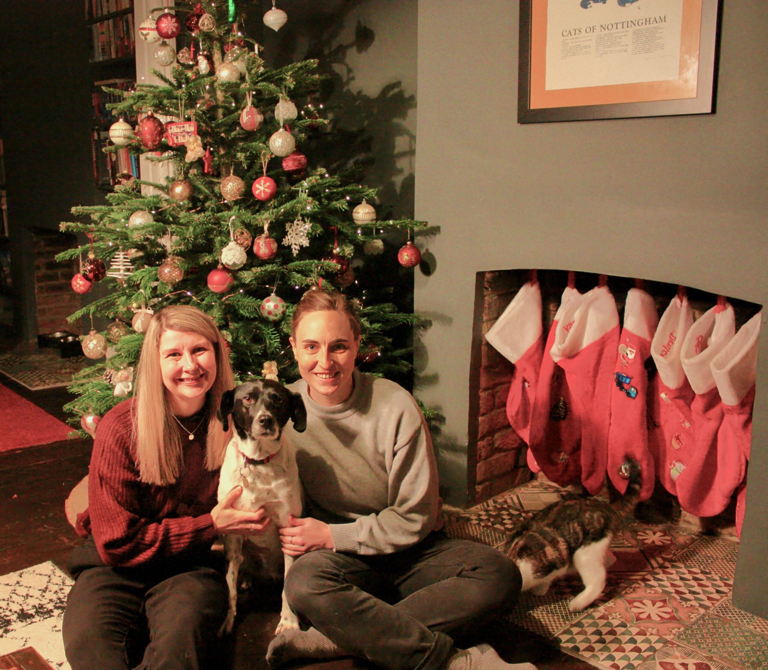 cropped-R@H_Logo_1000.png Two women sitting in front of a Christmas tree. There are stockings hanging on the fireplace next to them, and they are both holding a dog while a cat plays in the background.